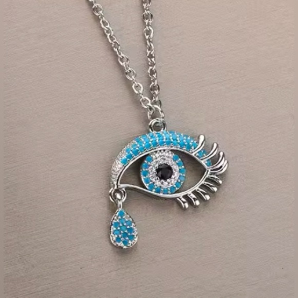 18K White Gold Turquoise & Diamond Paved Evil Eye Crying Tear Pendant Necklace